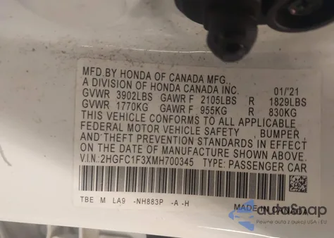 2021 Honda Civic Ex z USA, uszkodzony, nr VIN 2HGFC1F3XMH700345